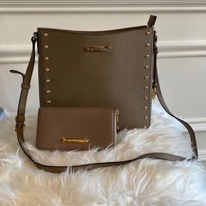 Michael Kors Taupe Crossbody With Gold Grommet Detail and Taupe Wallet. Like New